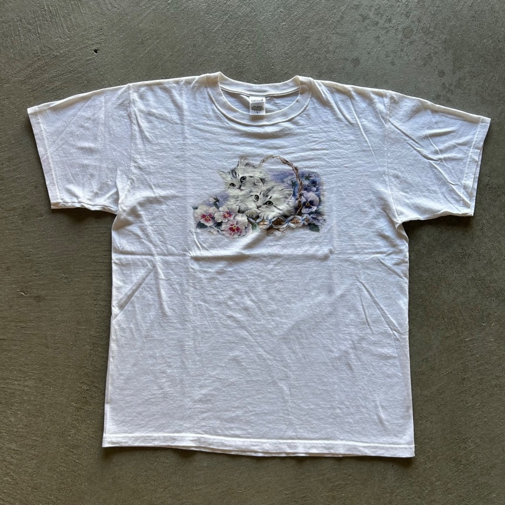 Vintage Kayomi Kittens Shirt Mens Large White Cat Pansies Flower Art Anvil 90s